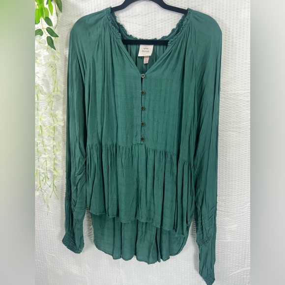 Knox Rose Womens Sz XL Green Lace Balloon Sleeve Boho Low High V Neck Shirt Top - Picture 12 of 13